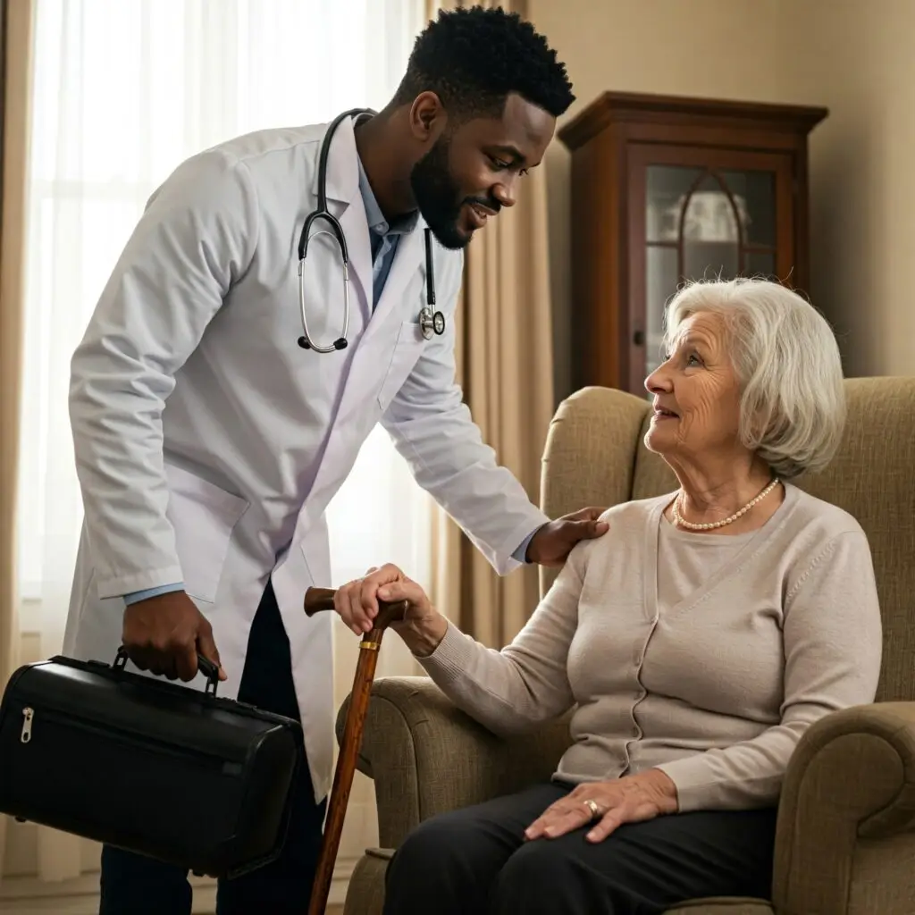 A trusted doctor-patient home visit, reflecting the peace of mind that comes from expert advocacy and coordinated care.