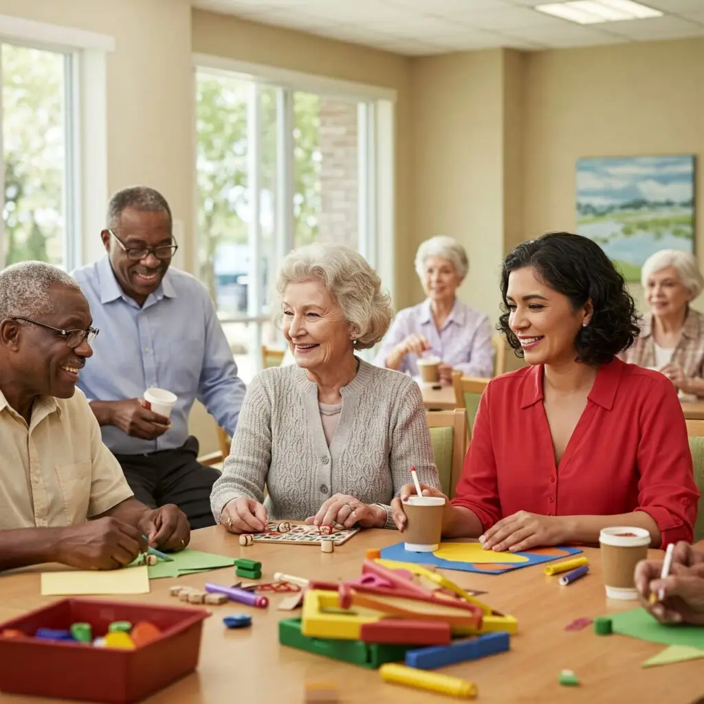 A diverse group of seniors participate in mentally stimulating activities at a North Shore adult day care facility, a key component of respite care.