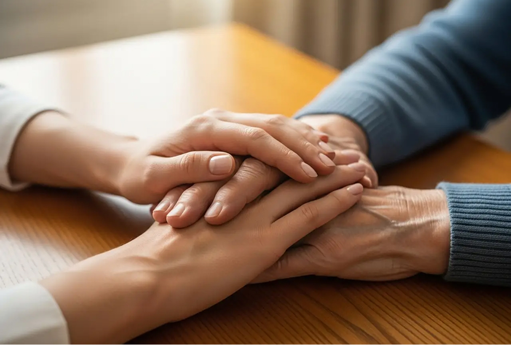 A younger person's hands gently hold an older person's hands, symbolizing the compassionate support provided during advanced care planning.