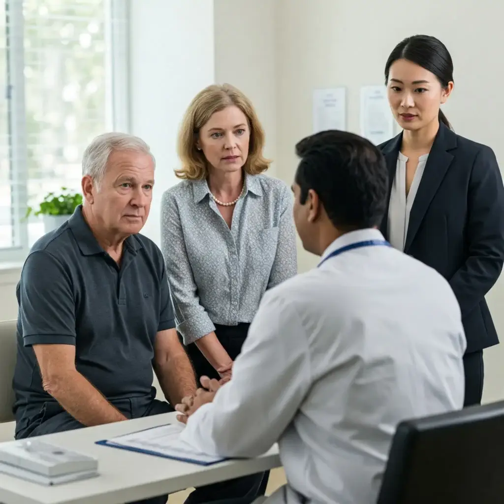 A patient advocate ensures a concerned family is understood during a complex medical talk with their doctor.