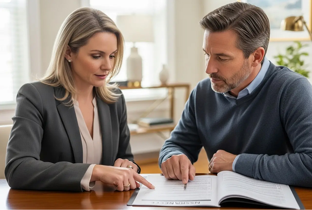 An Avoa Health insurance advocate provides expert guidance to a client, pointing to a line item while reviewing a complex insurance document together.