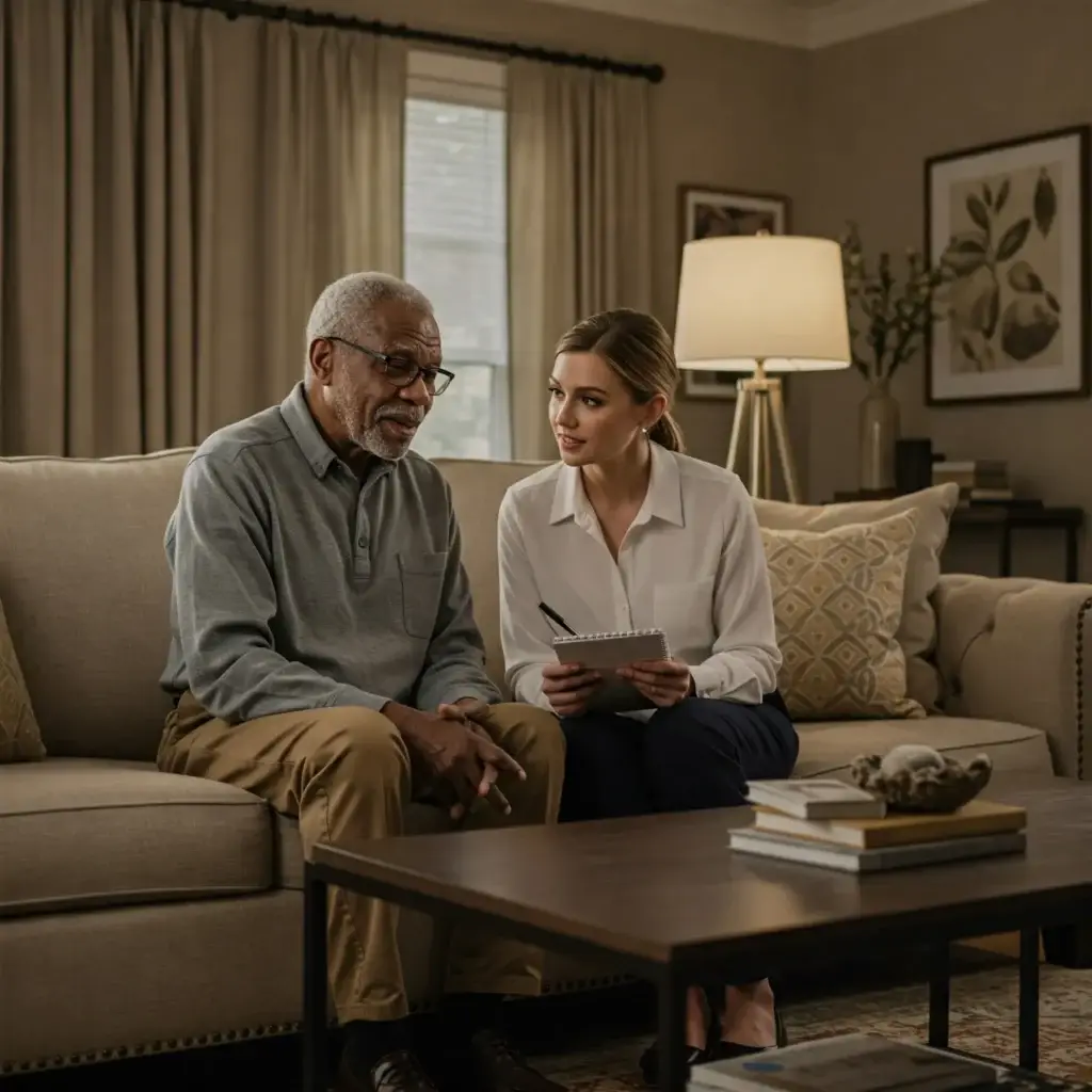An Avoa Health advocate listens with focused empathy during a private, in-home client consultation.