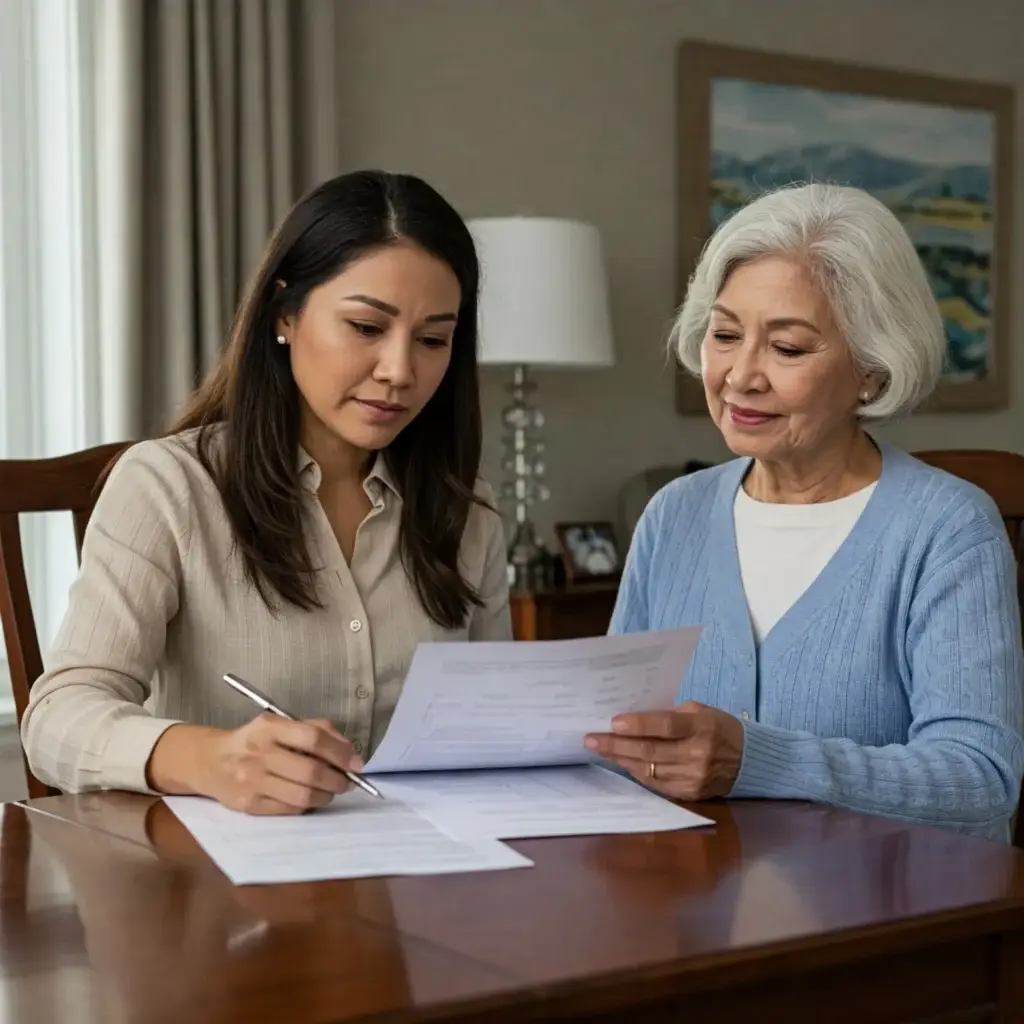 An adult daughter helps her elderly mother review care documents, feeling the calm and control of expert health advocacy.