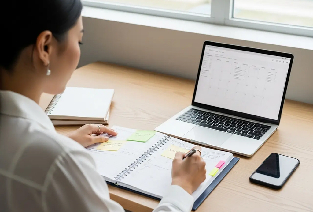 An Avoa Health patient advocate meticulously coordinates care, managing complex schedules across a planner and a laptop calendar.