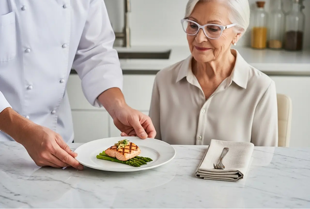 An elegant senior client enjoys the dignity and convenience of private lifestyle support with a meal prepared by an in-home chef.